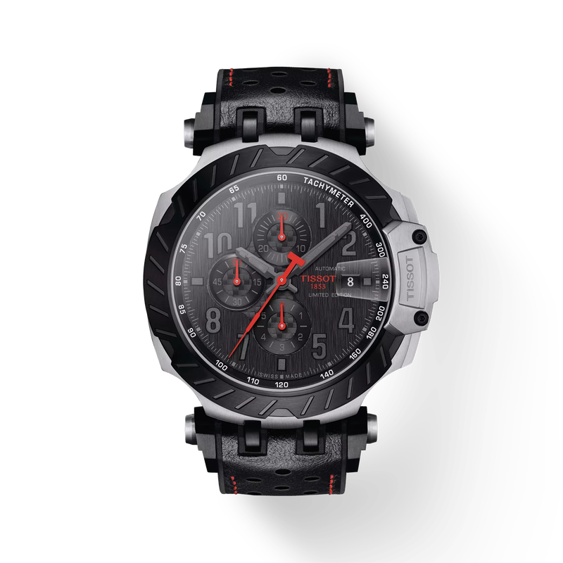 Front view of the watch Tissot T-Race MotoGP Automatic Chronograph with shadow