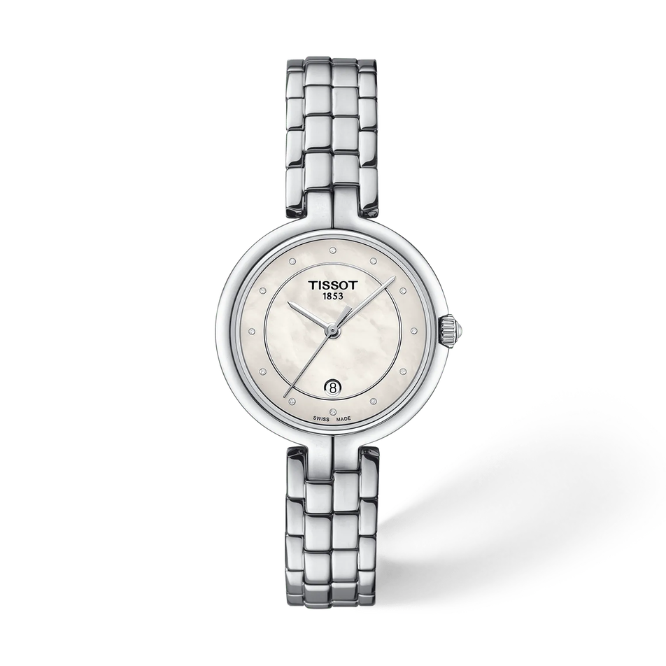 Front view of the watch Tissot Flamingo 30mm with shadow