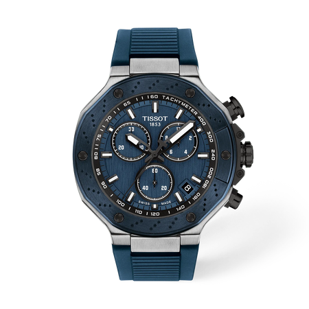 Vue de face de la montre Tissot T-Race 45mm avec ombre