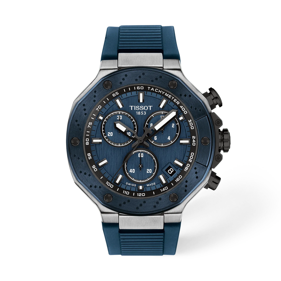 Vorderansicht der Uhr Tissot T-Race 45mm mit Schatten