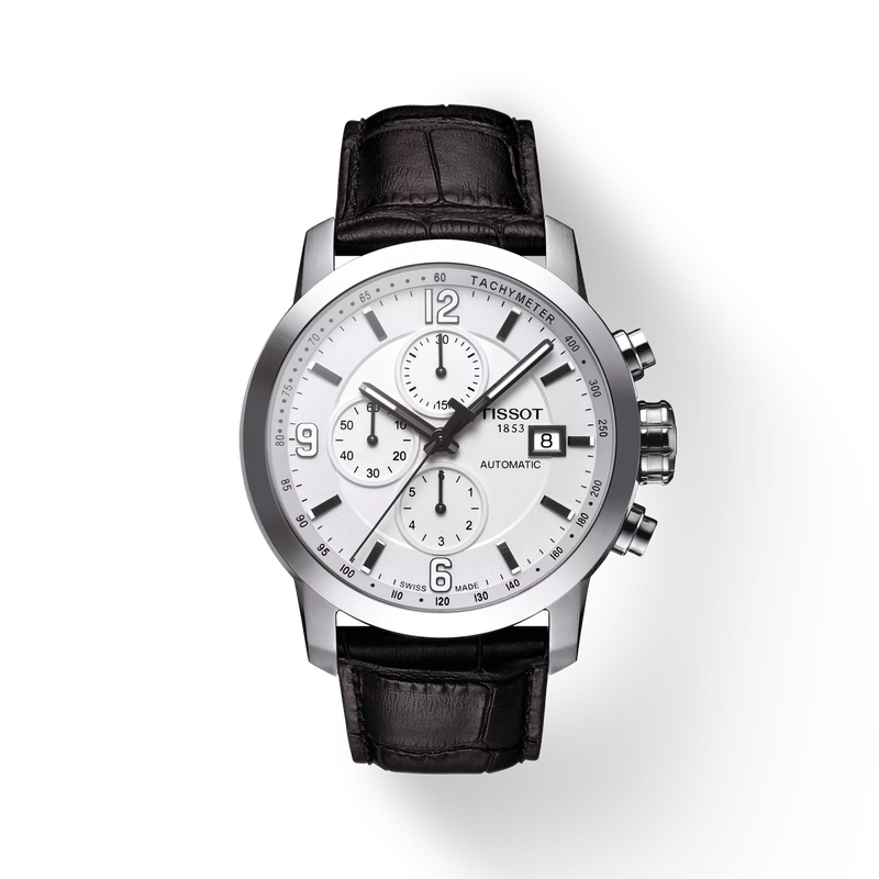 Front view of the watch Tissot PRC 200 Automatic Chronograph with shadow