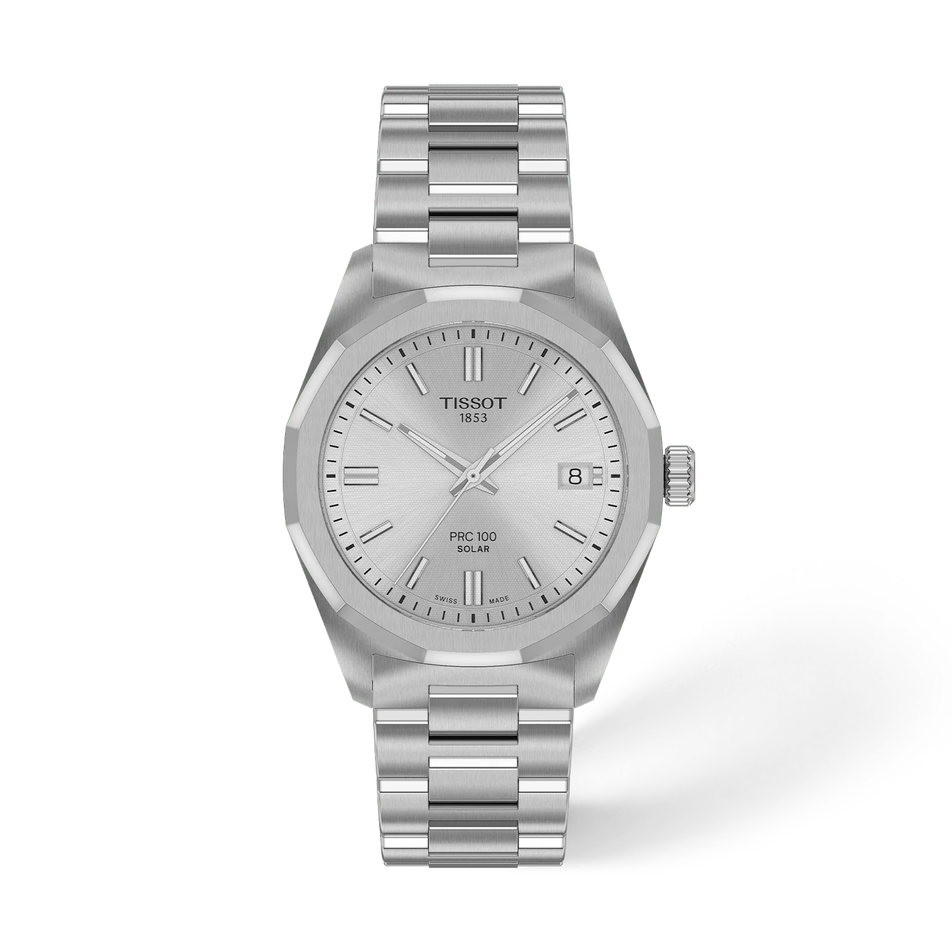 Front view of the watch Tissot PRC 100 Solar 34mm with shadow