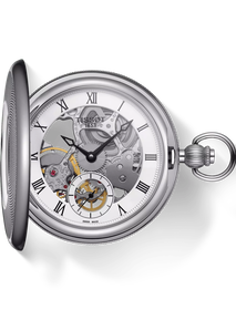 Vooraanzicht van het horloge Tissot Bridgeport Mechanical Skeleton met schaduw