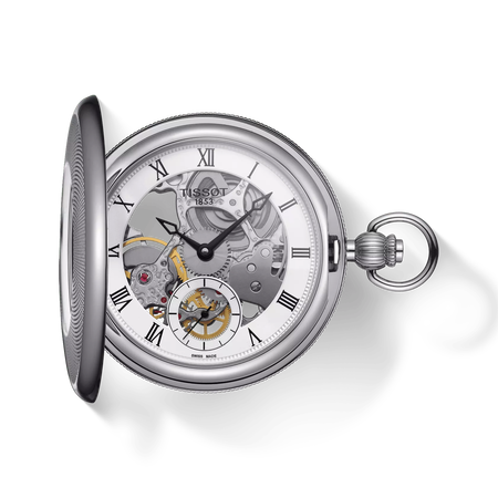 Vorderansicht der Uhr Tissot Bridgeport Mechanical Skeleton mit Schatten