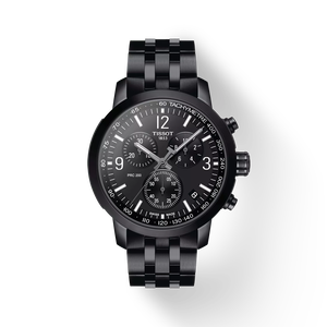 Front view of the watch Tissot PRC 200 Chronograph with shadow
