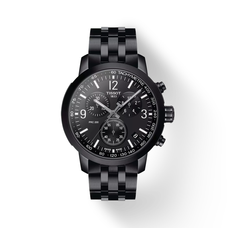 Front view of the watch Tissot PRC 200 Chronograph with shadow