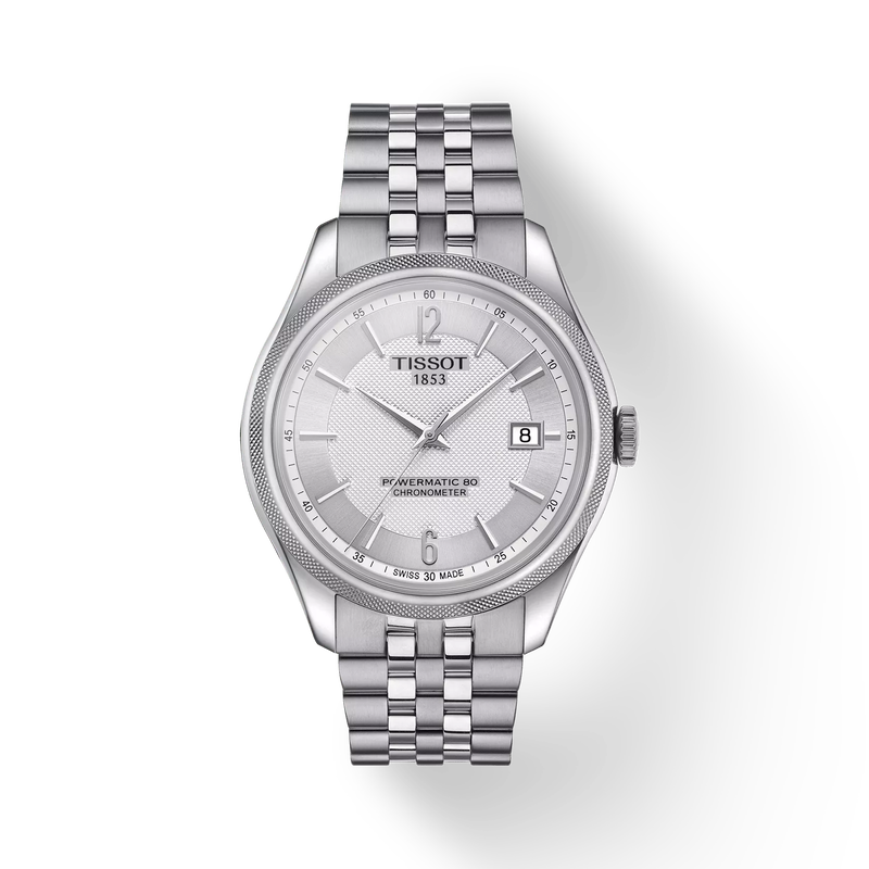 มุมมองด้านหน้าของนาฬิกา Tissot Ballade Powermatic 80 COSC พร้อมเงา