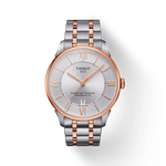 Front view of the watch Tissot Chemin des Tourelles Powermatic 80 Helvetic Pride Special Edition with shadow