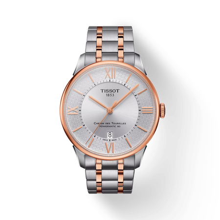 Front view of the watch Tissot Chemin des Tourelles Helvetic Pride Special Edition 42mm with shadow