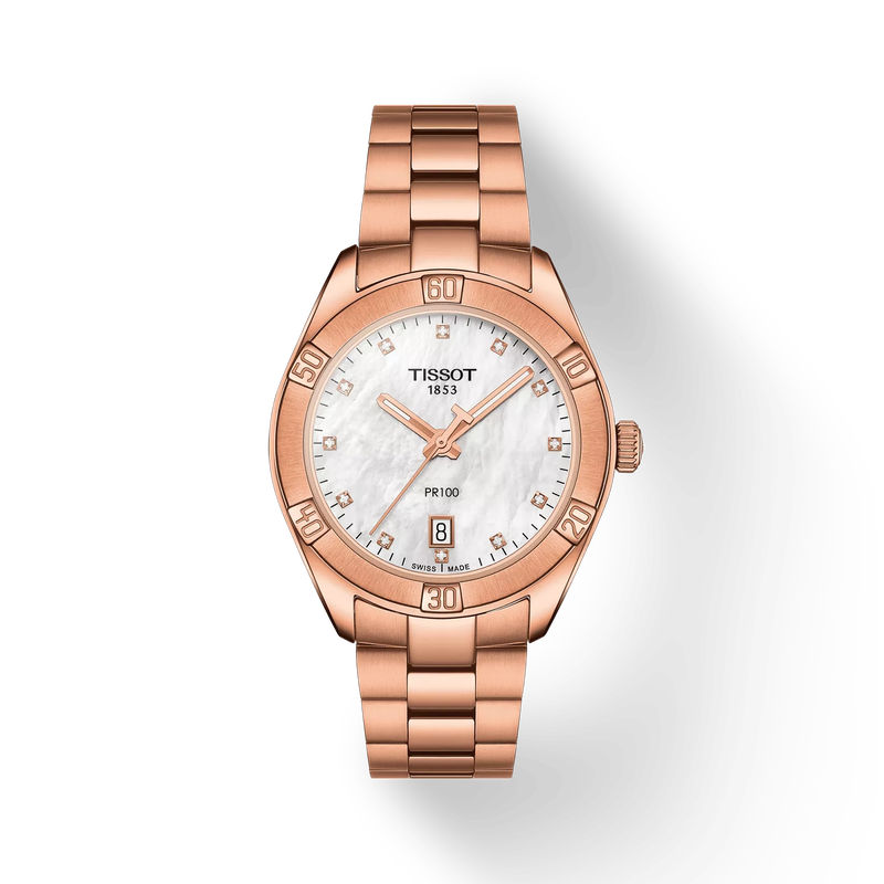 มุมมองด้านหน้าของนาฬิกา Tissot PR 100 Sport Chic พร้อมเงา