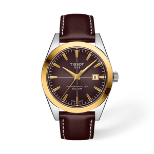 Front view of the watch Tissot Gentleman Gold Bezel 40mm with shadow