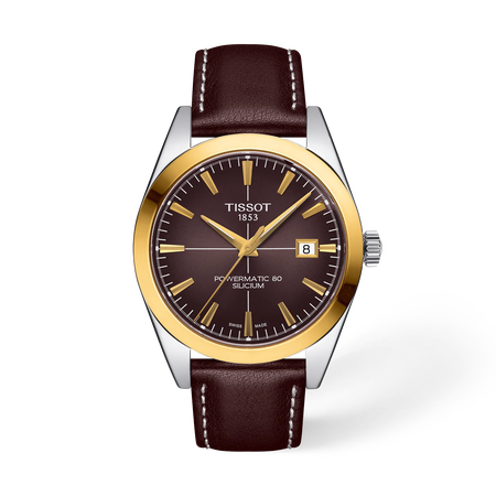 Front view of the watch Tissot Gentleman Gold Bezel 40mm with shadow