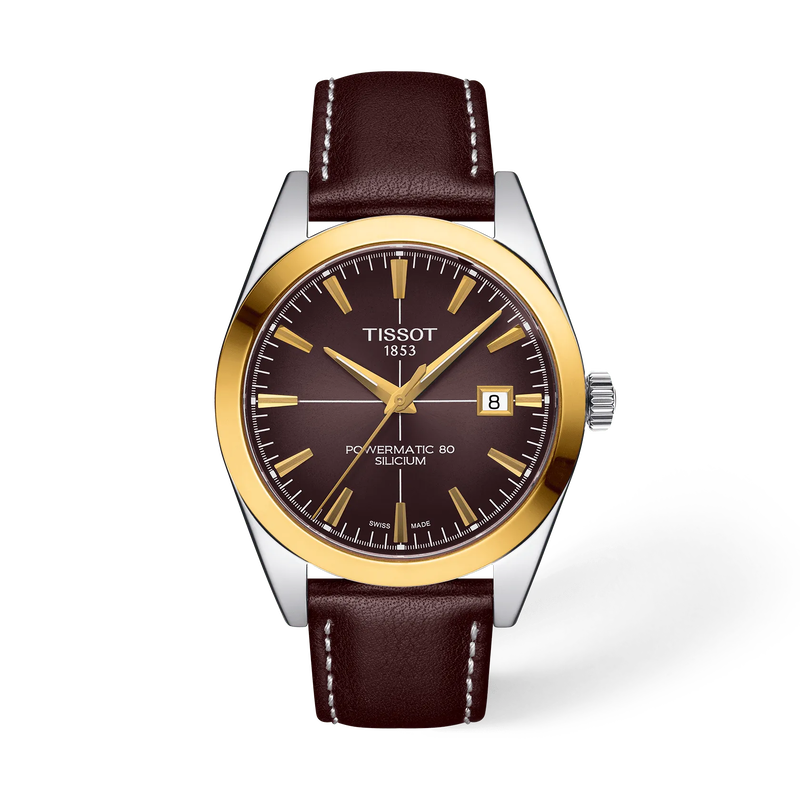 Vooraanzicht van het horloge Tissot Gentleman Gold Bezel 40mm met schaduw