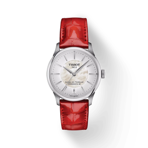Vista frontal del reloj Tissot Chemin des Tourelles Powermatic 80 34 mm con sombra