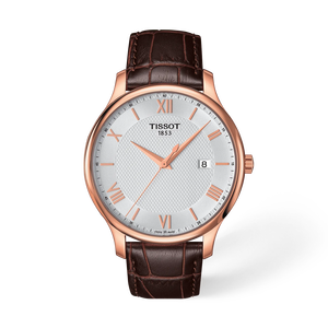 Vista frontal del reloj Tissot Tradition 42mm con sombra