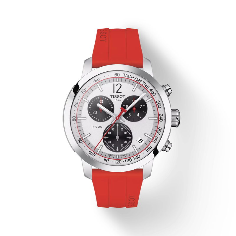 Front view of the watch Tissot PRC 200 Chronograph with shadow