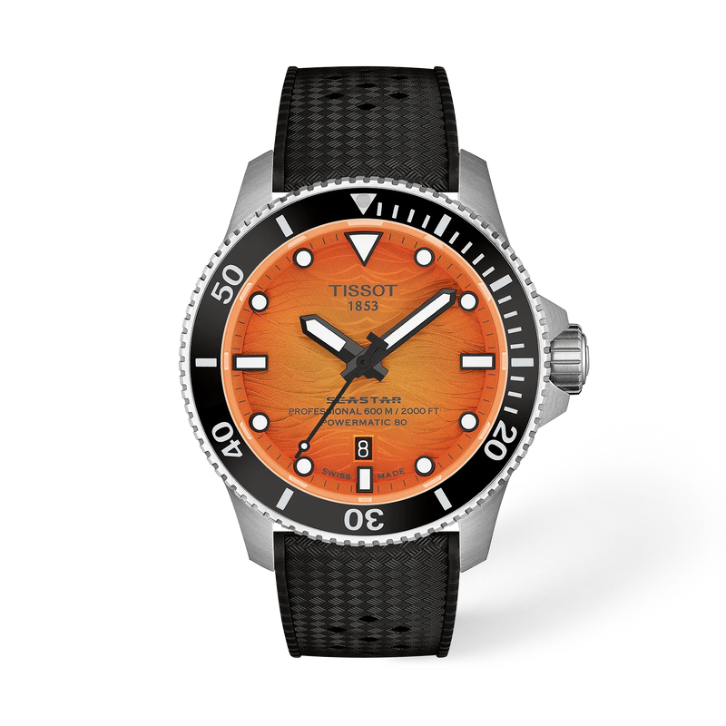Vue de face de la montre Tissot Seastar 2000 44mm avec ombre