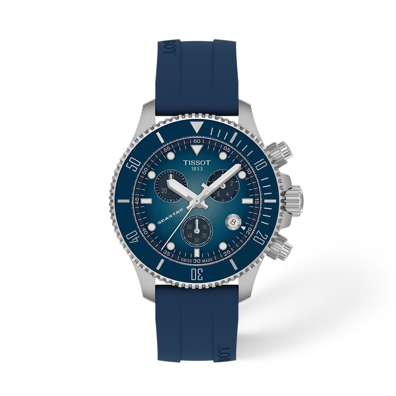 Front view of the watch Tissot Seastar 1000 38mm with shadow