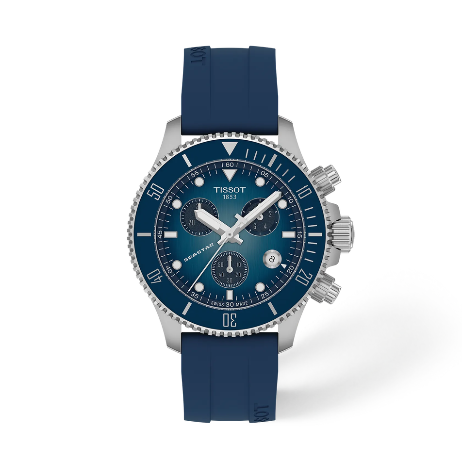 Front view of the watch Tissot Seastar 1000 38mm with shadow