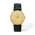 Front view of the watch Tissot Goldrun Hesalite Gold 33.7mm with shadow