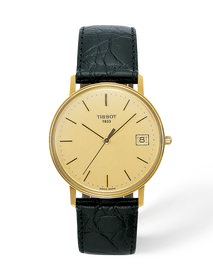 Front view of the watch Tissot Goldrun Hesalite Gold 33.7mm with shadow