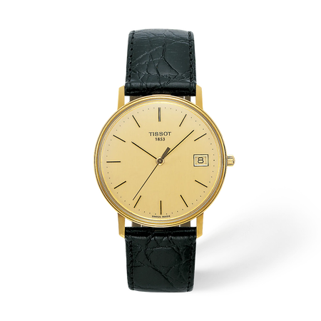 Front view of the watch Tissot Goldrun Hesalite Gold 33.7mm with shadow