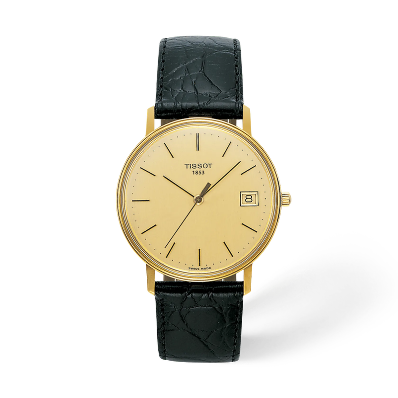 Front view of the watch Tissot Goldrun Hesalite Gold 33.7mm with shadow