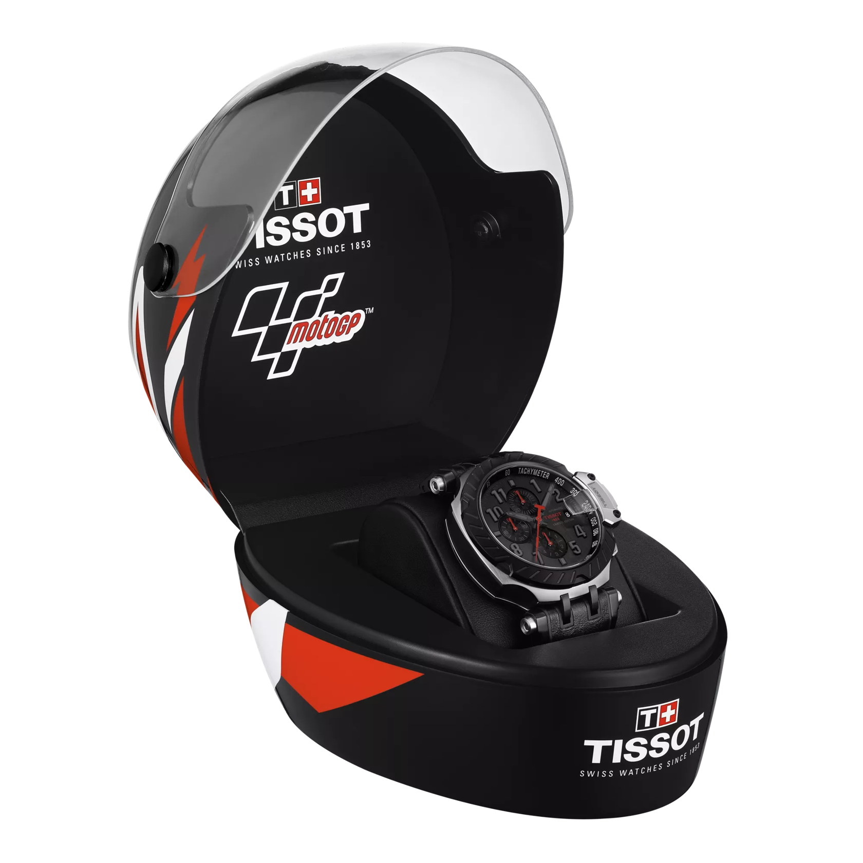 Front view of the watch Tissot T-Race MotoGP Automatic Chronograph with opened