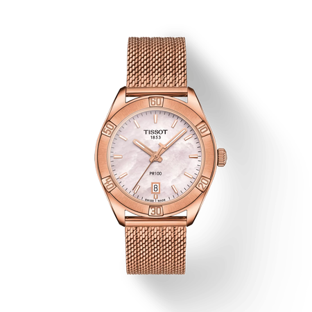 Front view of the watch Tissot PR 100 Sport Chic with shadow