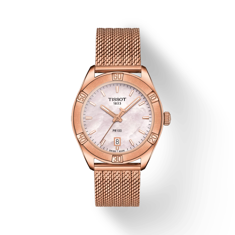 Front view of the watch Tissot PR 100 Sport Chic with shadow