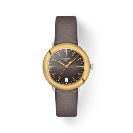 Front view of the watch Tissot Glendora Gold 33mm with shadow