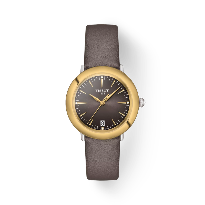 Front view of the watch Tissot Glendora Gold 33mm with shadow