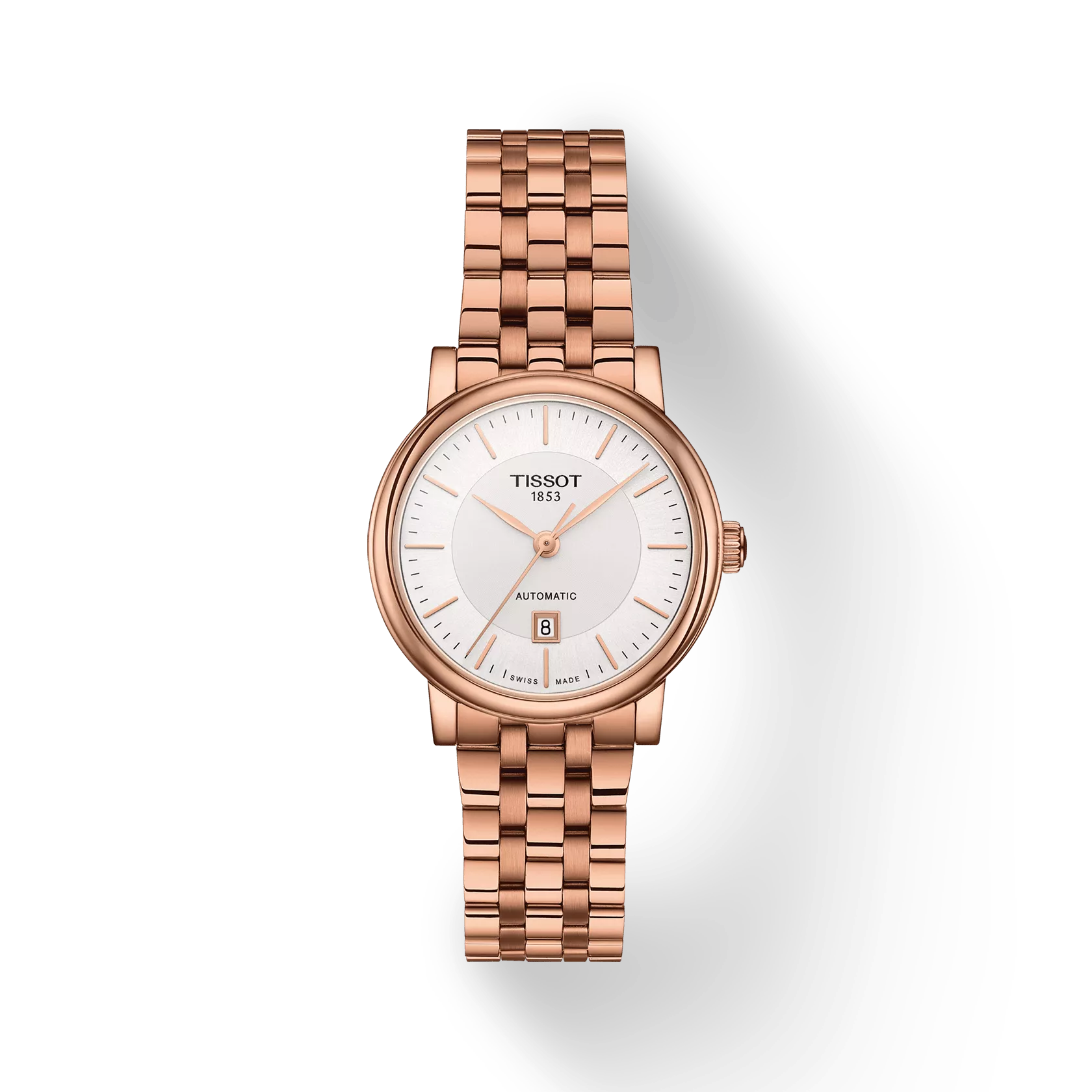 Front view of the watch Tissot Carson Premium Automatic Lady with shadow