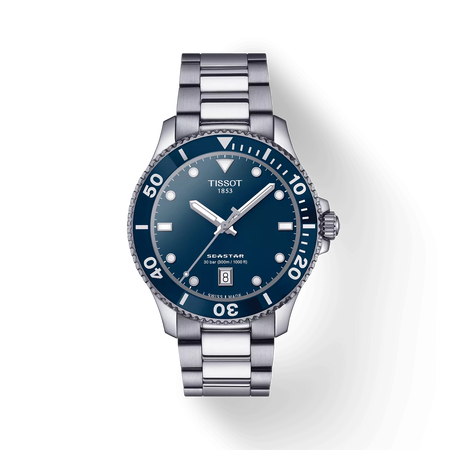 Front view of the watch Tissot Seastar 1000 40mm with shadow