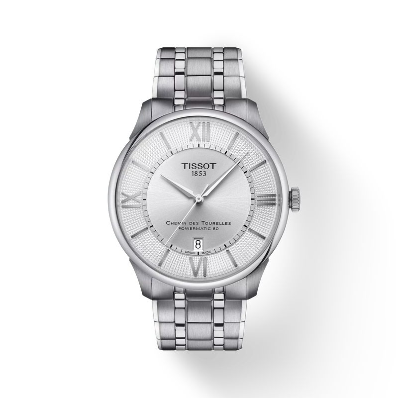 Front view of the watch Tissot Chemin Des Tourelles 42mm with shadow