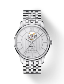 Front view of the watch Tissot Tradition Powermatic 80 Open Heart with shadow