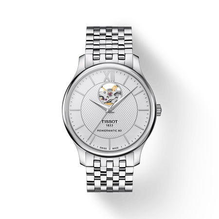 Vooraanzicht van het horloge Tissot Tradition Powermatic 80 Open Heart met schaduw