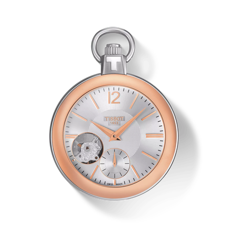 Vista frontal del reloj Tissot Pocket Mechanical Skeleton con sombra