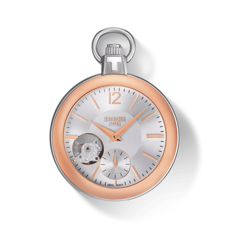 Front view of the watch Tissot Pocket Mechanical Skeleton with shadow