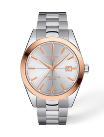 Vista frontal del reloj Tissot Gentleman Gold bezel 40mm con sombra