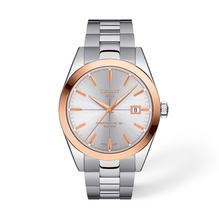 Vista frontal del reloj Tissot Gentleman Gold bezel 40mm con sombra