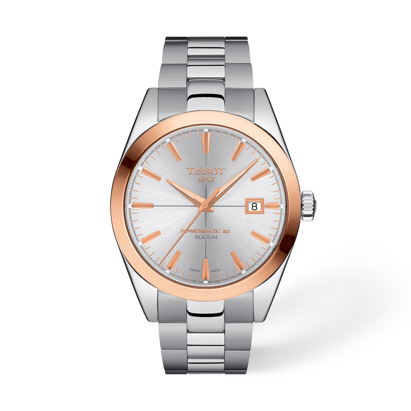 Front view of the watch Tissot Gentleman Gold bezel 40mm with shadow