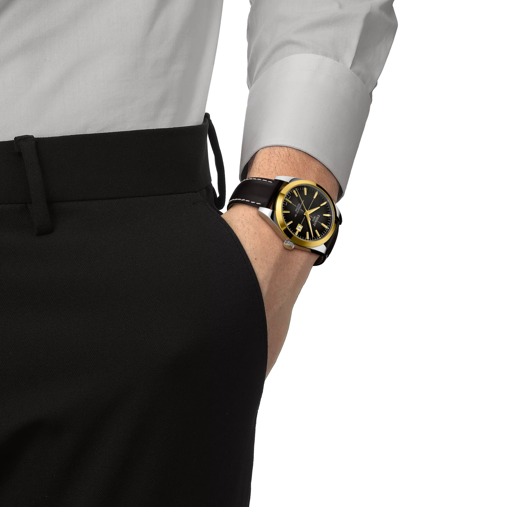 Darstellung der Uhr Tissot Gentleman Goldlünette 40mm am Handgelenk