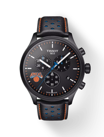 Front view of the watch Tissot Chrono XL NBA Teams Special New York Knicks Edition with shadow