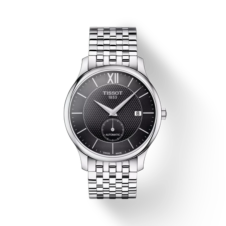 Vue de face de la montre Tissot Tradition Automatic Small Second avec ombre