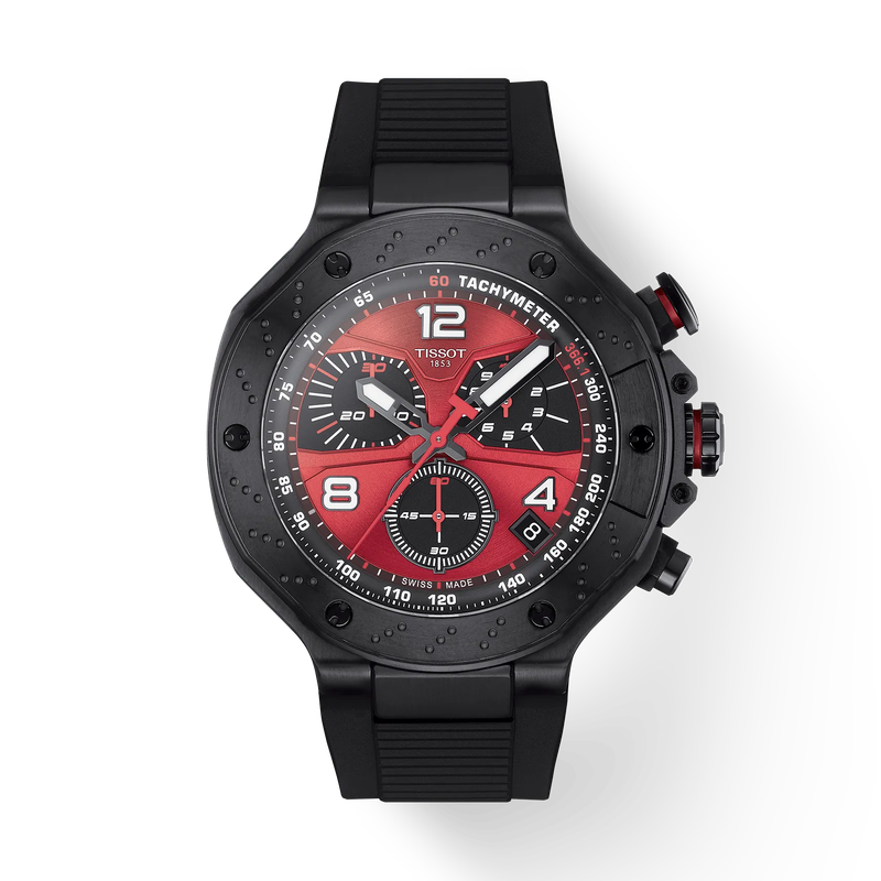 Front view of the watch Tissot T-Race MotoGP 2026 45mm with shadow