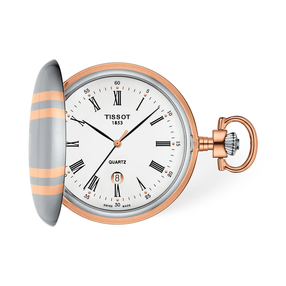 Front view of the watch Tissot Savonnette 49.5mm with shadow