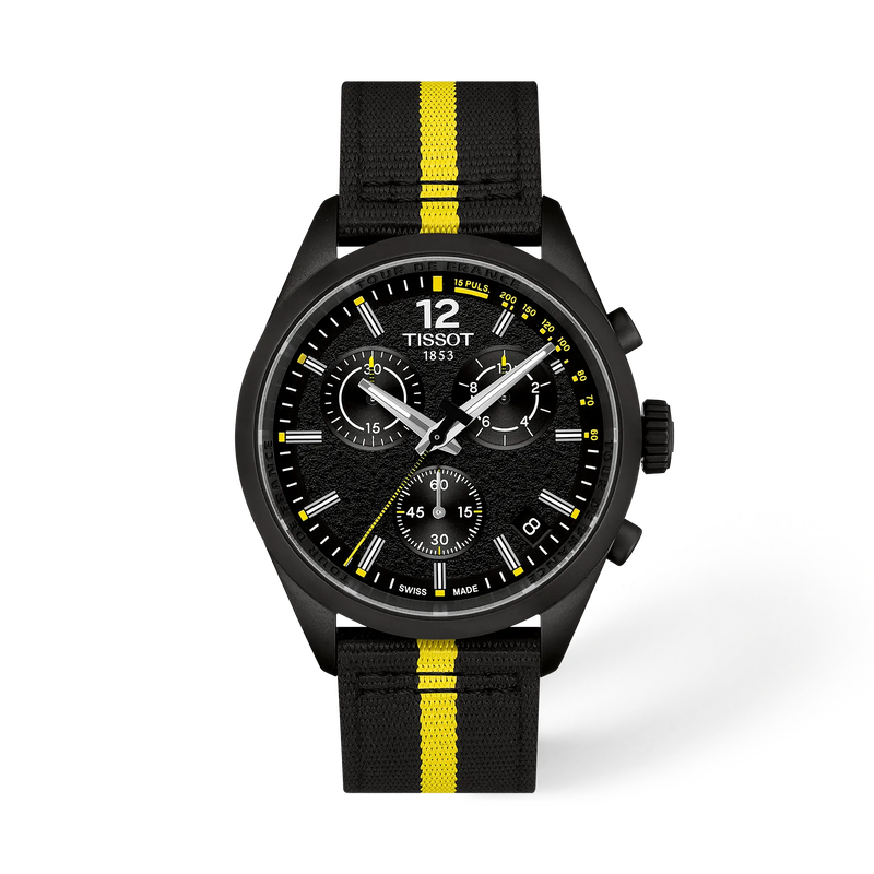 Vue de face de la montre Tissot PR 100 Tour de France 2026 40mm avec ombre