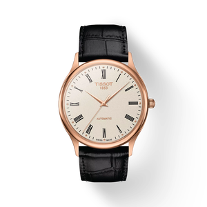 Vooraanzicht van het horloge Tissot Excellence Automatic 18K Gold met schaduw