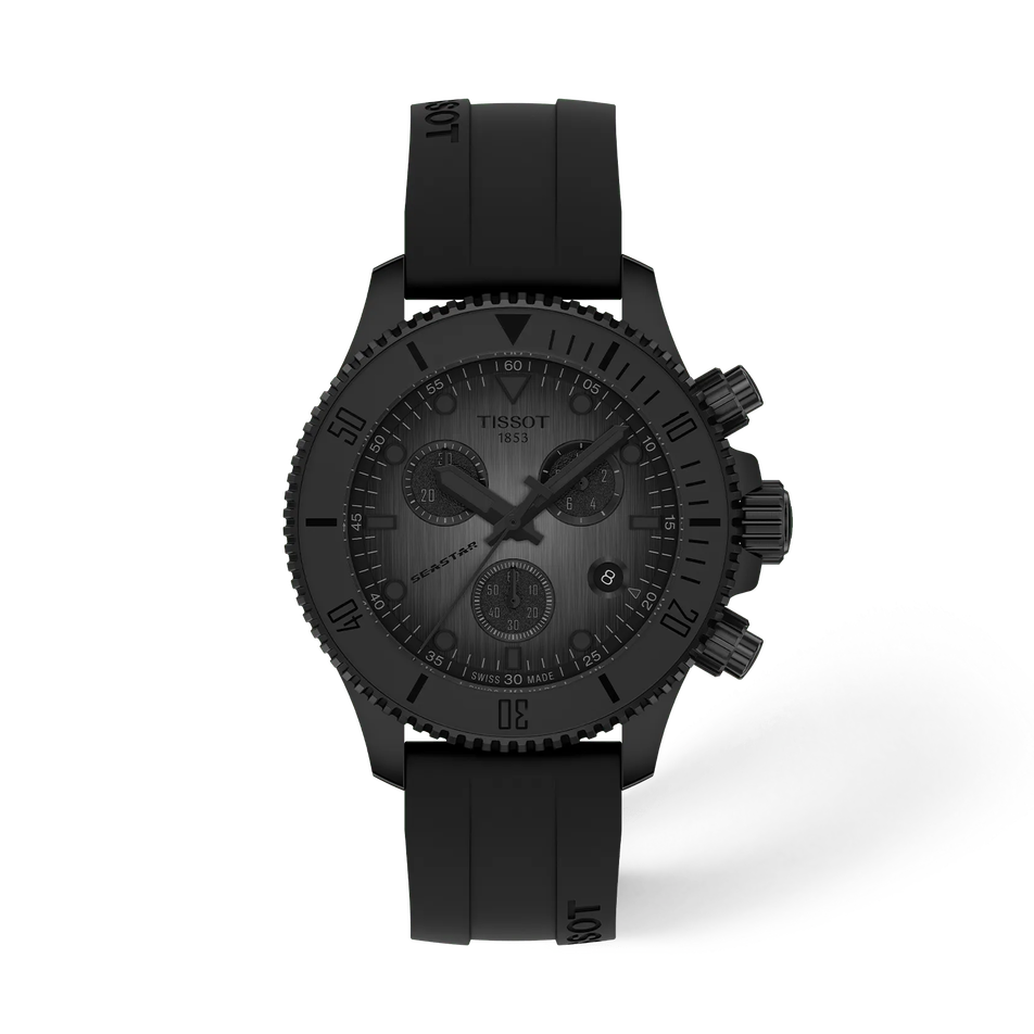 Vorderansicht der Uhr Tissot Seastar 1000 38mm mit Schatten